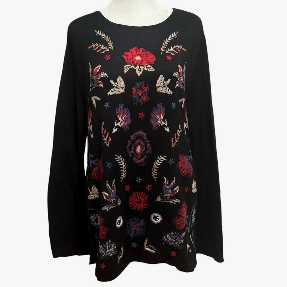 J. Jill Size L Embroidered Floral Sweater Cotton Wool Black